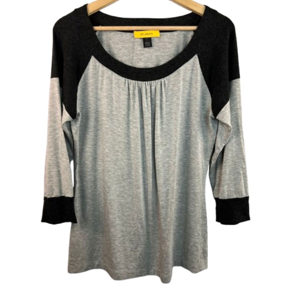 St. John Gray Black Color block 3/4 Sleeve Pleated Top Size Large
